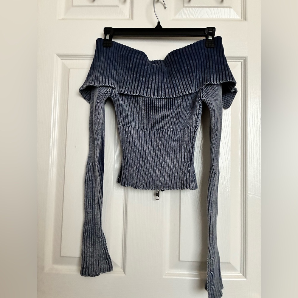 Jaded London Tribeca Blue Ribbed Off The Shoulder Knit - Picture 3 of 3
